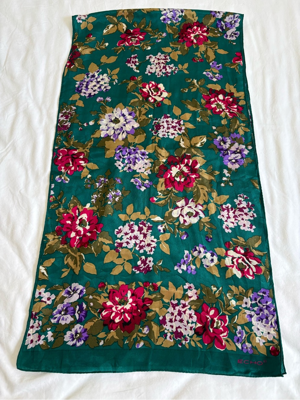 Echo Teal Floral Scarf with Red, Purple & Gold Accents 58X15